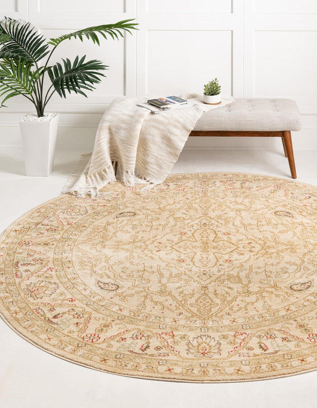 Cream 6' 1 x 6' 1 Edinburgh Round Area Rug 100% Polypropylene Easy Clean With Cotton Backing Traditional Classic Design Carpet for Living, Dining Room, Office for Sale at Rug Engine