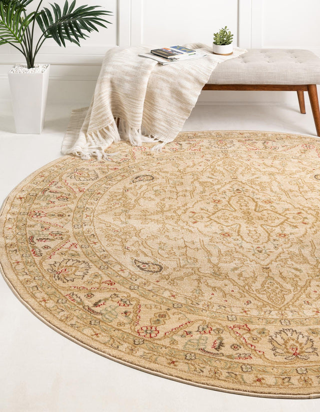 Cream 6' 1 x 6' 1 Edinburgh Round Area Rug 100% Polypropylene Easy Clean With Cotton Backing Traditional Classic Design Carpet for Living, Dining Room, Office for Sale at Rug Engine