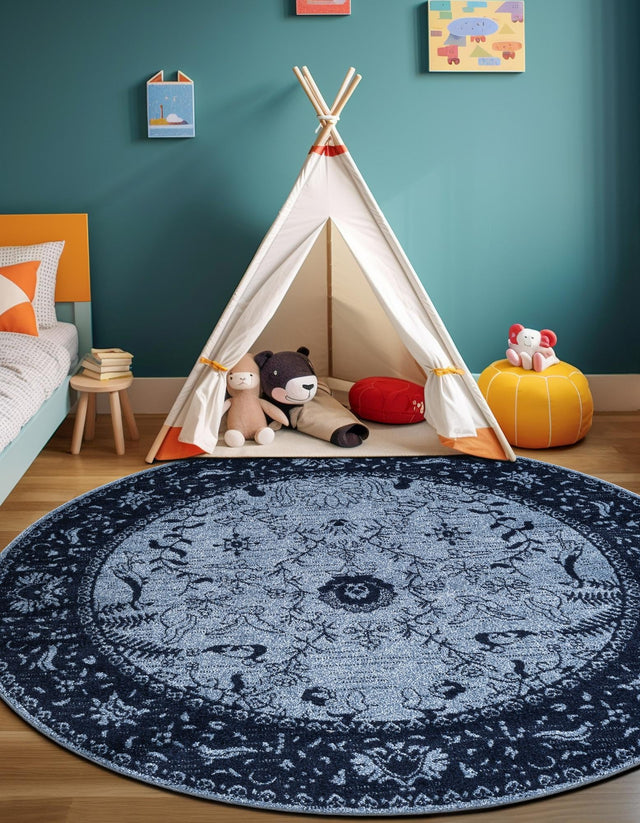 Blue 7' 10 x 7' 10 La Jolla Round Area Rug 100% Polypropylene Traditional Pattern Easy Clean Carpet for Living, Dining, Bedroom, Office for Sale at Rug Engine