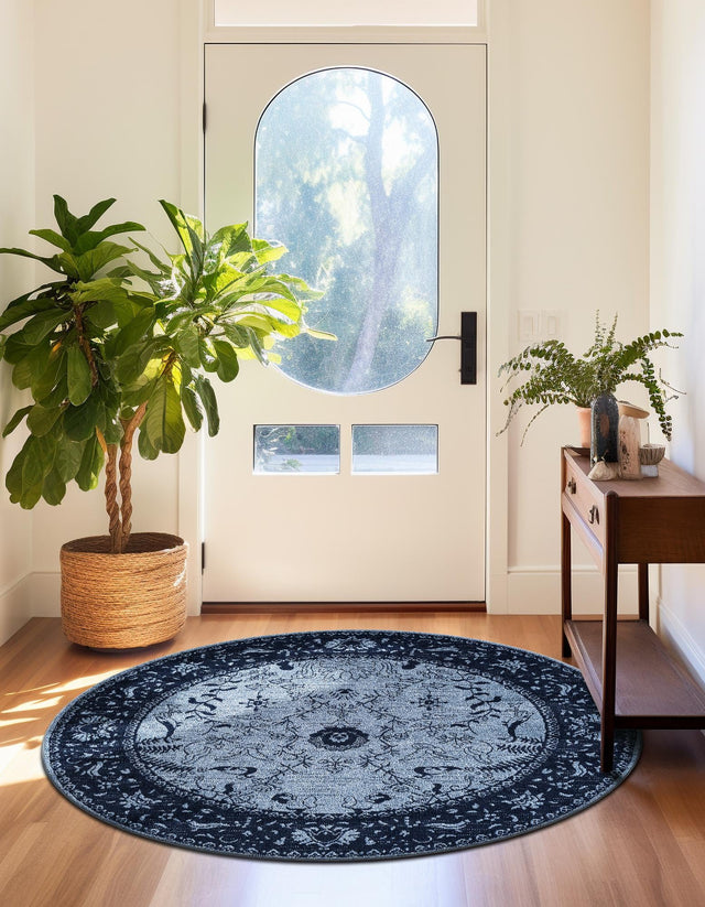 Blue 7' 10 x 7' 10 La Jolla Round Area Rug 100% Polypropylene Traditional Pattern Easy Clean Carpet for Living, Dining, Bedroom, Office for Sale at Rug Engine