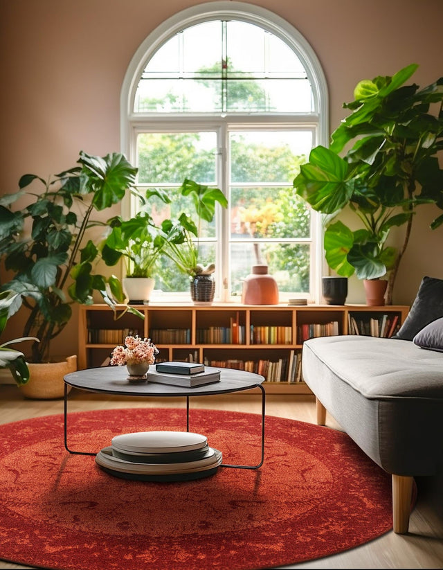 Rust Red 7' 10 x 7' 10 La Jolla Round Area Rug 100% Polypropylene Traditional Pattern Easy Clean Carpet for Living, Dining, Bedroom, Office for Sale at Rug Engine