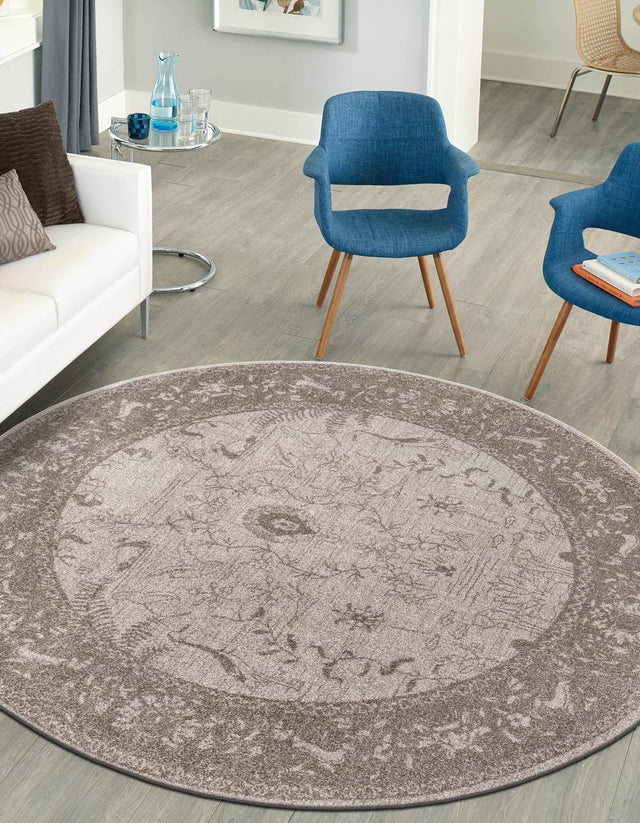 Light Gray 6' 1 x 6' 1 La Jolla Round Area Rug 100% Polypropylene Traditional Pattern Easy Clean Carpet for Living, Dining, Bedroom, Office for Sale at Rug Engine