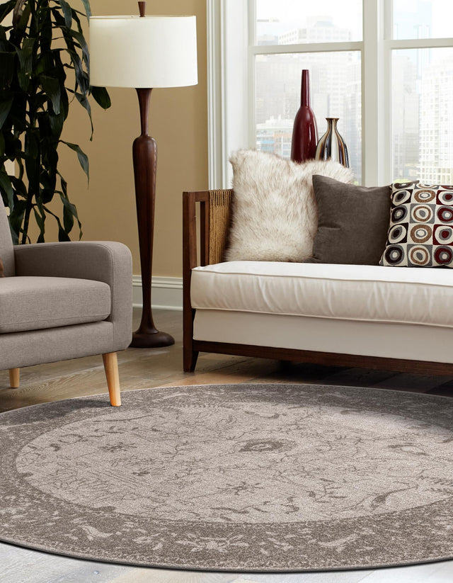 Light Gray 7' 10 x 7' 10 La Jolla Round Area Rug 100% Polypropylene Traditional Pattern Easy Clean Carpet for Living, Dining, Bedroom, Office for Sale at Rug Engine