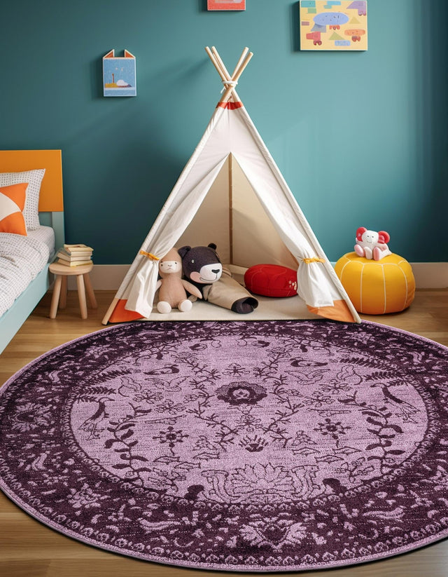Purple 7' 10 x 7' 10 La Jolla Round Area Rug 100% Polypropylene Traditional Pattern Easy Clean Carpet for Living, Dining, Bedroom, Office for Sale at Rug Engine