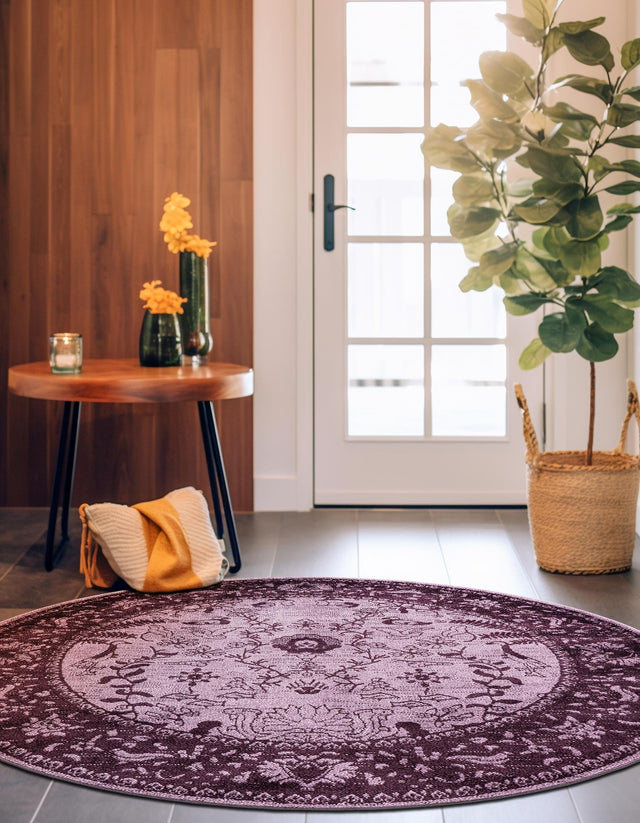 Purple 7' 10 x 7' 10 La Jolla Round Area Rug 100% Polypropylene Traditional Pattern Easy Clean Carpet for Living, Dining, Bedroom, Office for Sale at Rug Engine
