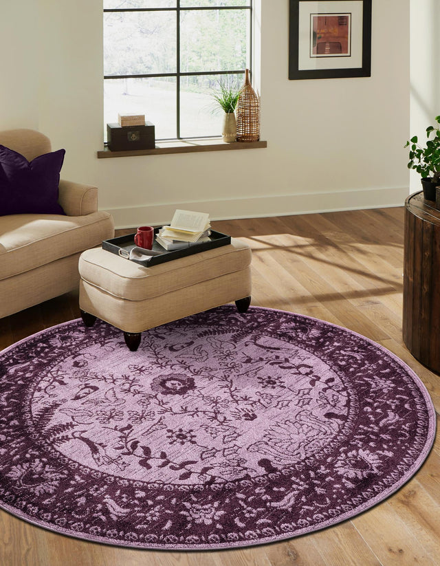 Purple 7' 10 x 7' 10 La Jolla Round Area Rug 100% Polypropylene Traditional Pattern Easy Clean Carpet for Living, Dining, Bedroom, Office for Sale at Rug Engine