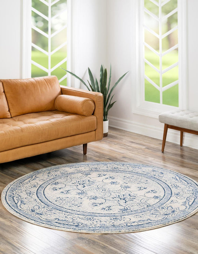Ivory Blue 7' 10 x 7' 10 La Jolla Round Area Rug 100% Polypropylene Traditional Pattern Easy Clean Carpet for Living, Dining, Bedroom, Office for Sale at Rug Engine