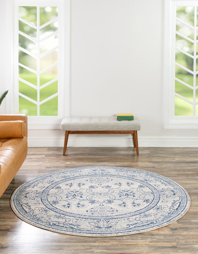 Ivory Blue 7' 10 x 7' 10 La Jolla Round Area Rug 100% Polypropylene Traditional Pattern Easy Clean Carpet for Living, Dining, Bedroom, Office for Sale at Rug Engine