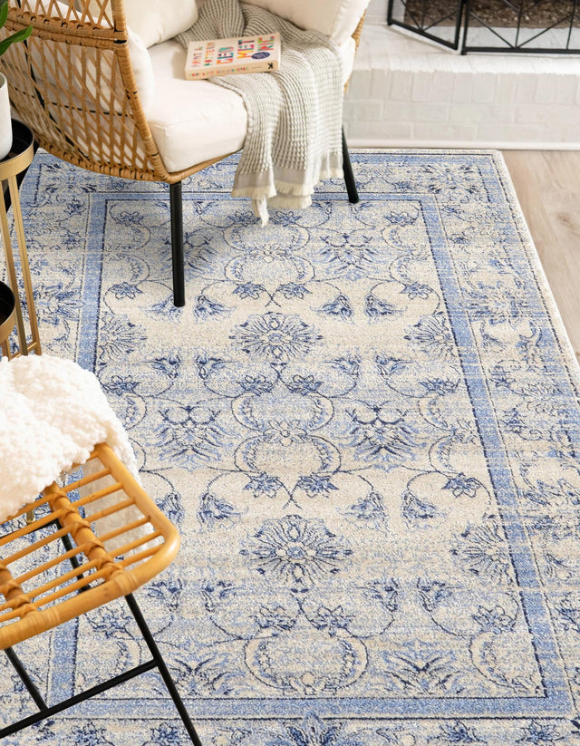 Ivory Blue 4' 1 x 6' 1 La Jolla Rectangle Area Rug 100% Polypropylene Traditional Pattern Easy Clean Carpet for Living, Dining, Bedroom, Office for Sale at Rug Engine