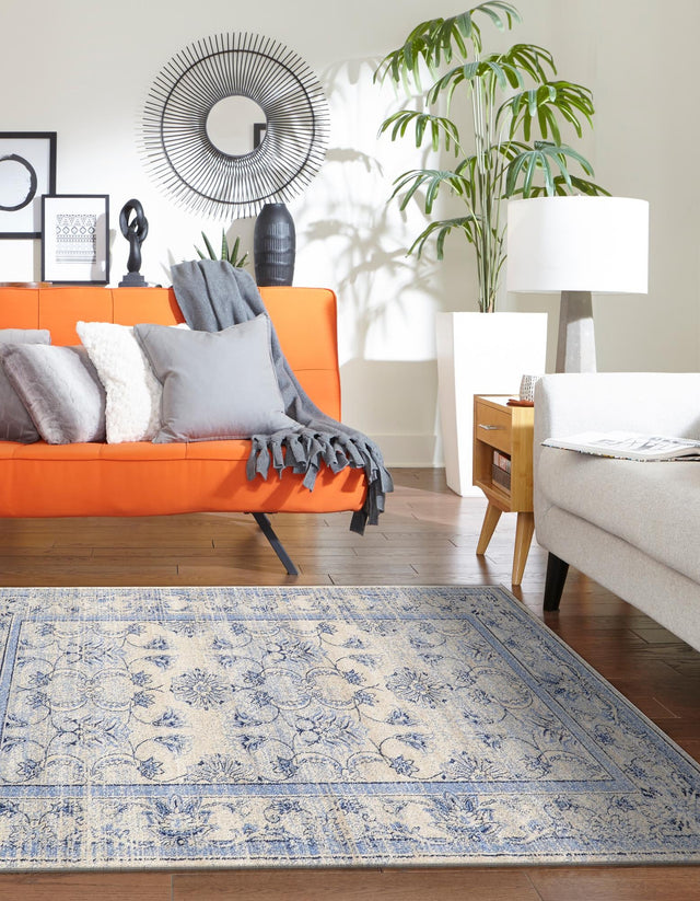 Ivory Blue 5' 3 x 8' La Jolla Rectangle Area Rug 100% Polypropylene Traditional Pattern Easy Clean Carpet for Living, Dining, Bedroom, Office for Sale at Rug Engine