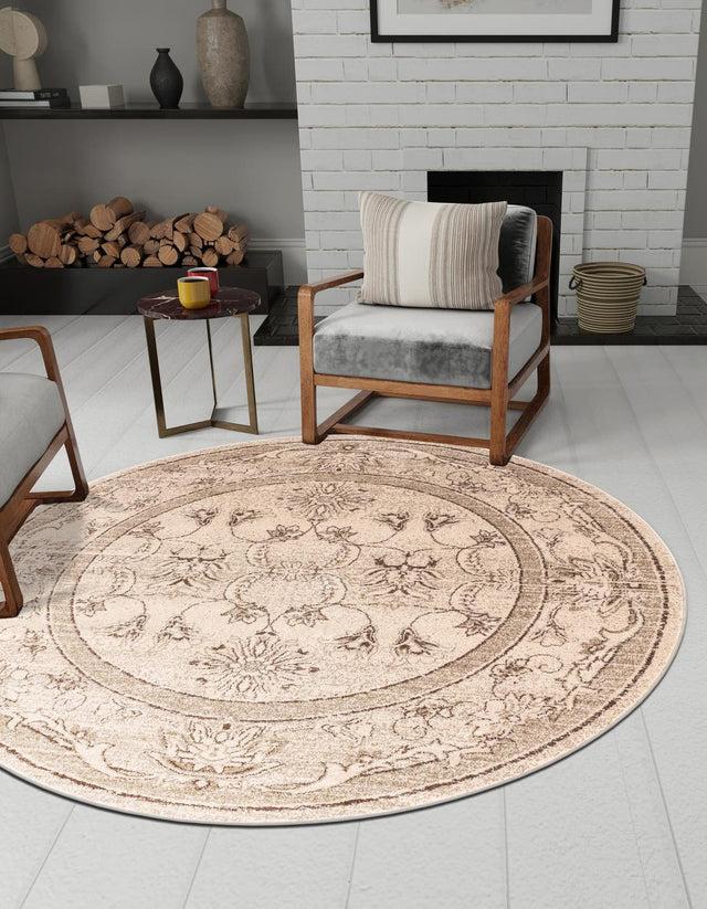 Ivory 7' 10 x 7' 10 La Jolla Round Area Rug 100% Polypropylene Traditional Pattern Easy Clean Carpet for Living, Dining, Bedroom, Office for Sale at Rug Engine