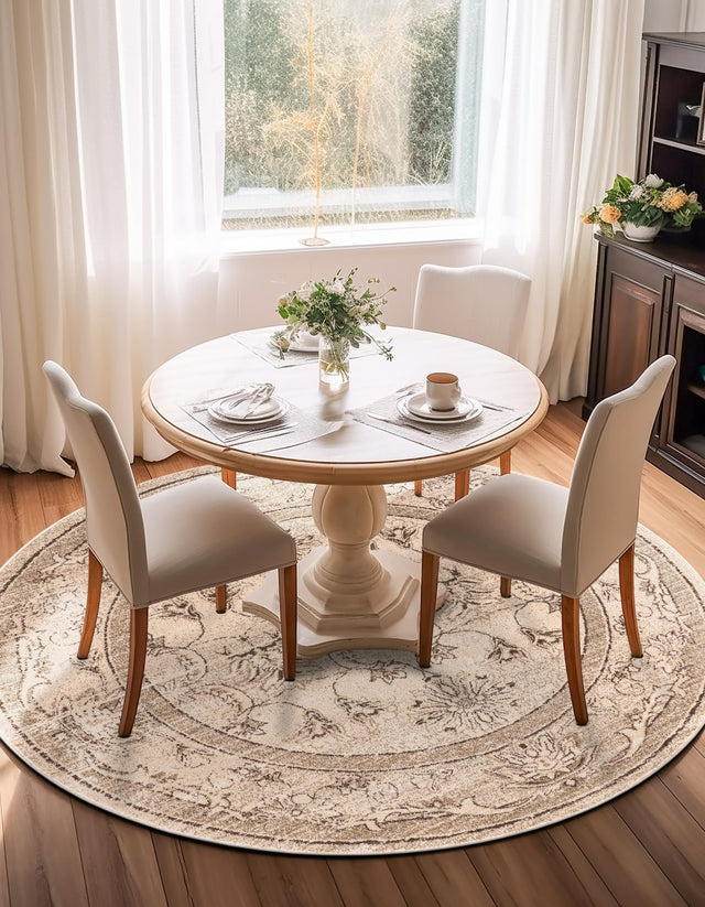 Ivory 7' 10 x 7' 10 La Jolla Round Area Rug 100% Polypropylene Traditional Pattern Easy Clean Carpet for Living, Dining, Bedroom, Office for Sale at Rug Engine