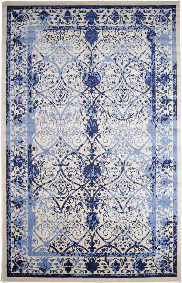 Ivory and Blue 10' 6 x 16' 5 La Jolla Rectangle Area Rug 100% Polypropylene Traditional Pattern Easy Clean Carpet for Living, Dining, Bedroom, Office for Sale at Rug Engine