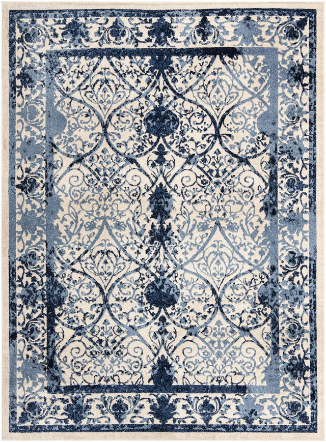Ivory and Blue 9' x 12' La Jolla Rectangle Area Rug 100% Polypropylene Traditional Pattern Easy Clean Carpet for Living, Dining, Bedroom, Office for Sale at Rug Engine