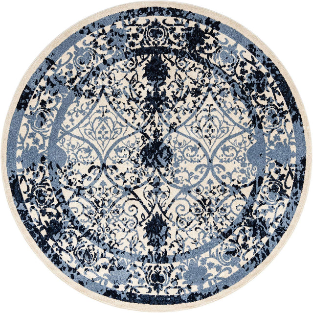 Ivory and Blue 7' 10 x 7' 10 La Jolla Round Area Rug 100% Polypropylene Traditional Pattern Easy Clean Carpet for Living, Dining, Bedroom, Office for Sale at Rug Engine
