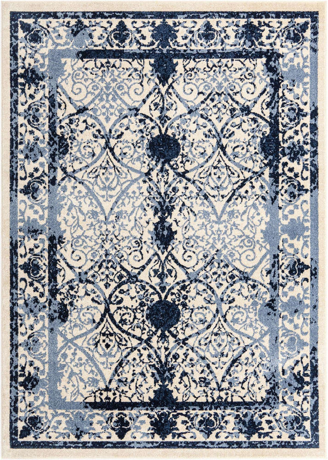 Ivory and Blue 7' 1 x 10' La Jolla Rectangle Area Rug 100% Polypropylene Traditional Pattern Easy Clean Carpet for Living, Dining, Bedroom, Office for Sale at Rug Engine