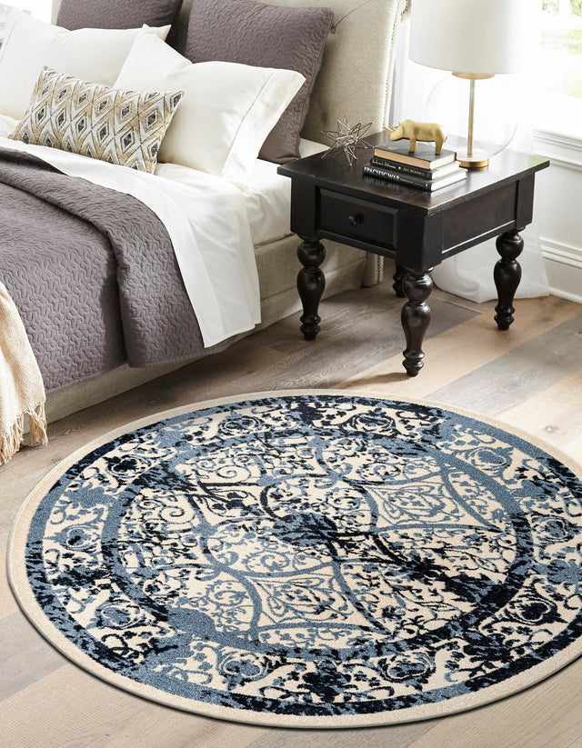 Ivory and Blue 6' 1 x 6' 1 La Jolla Round Area Rug 100% Polypropylene Traditional Pattern Easy Clean Carpet for Living, Dining, Bedroom, Office for Sale at Rug Engine