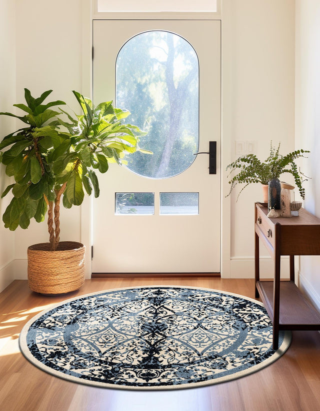 Ivory and Blue 6' 1 x 6' 1 La Jolla Round Area Rug 100% Polypropylene Traditional Pattern Easy Clean Carpet for Living, Dining, Bedroom, Office for Sale at Rug Engine