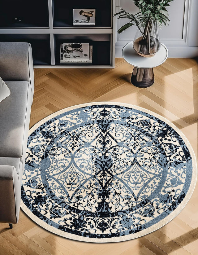 Ivory and Blue 6' 1 x 6' 1 La Jolla Round Area Rug 100% Polypropylene Traditional Pattern Easy Clean Carpet for Living, Dining, Bedroom, Office for Sale at Rug Engine