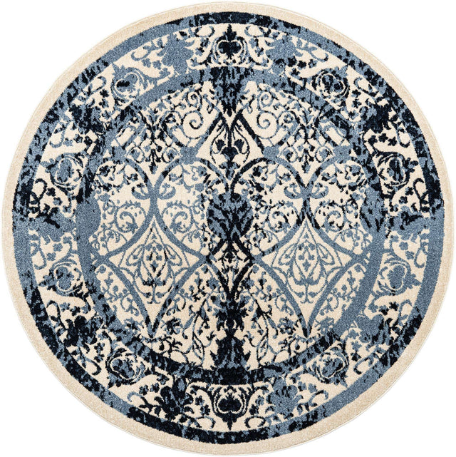 Ivory and Blue 6' 1 x 6' 1 La Jolla Round Area Rug 100% Polypropylene Traditional Pattern Easy Clean Carpet for Living, Dining, Bedroom, Office for Sale at Rug Engine