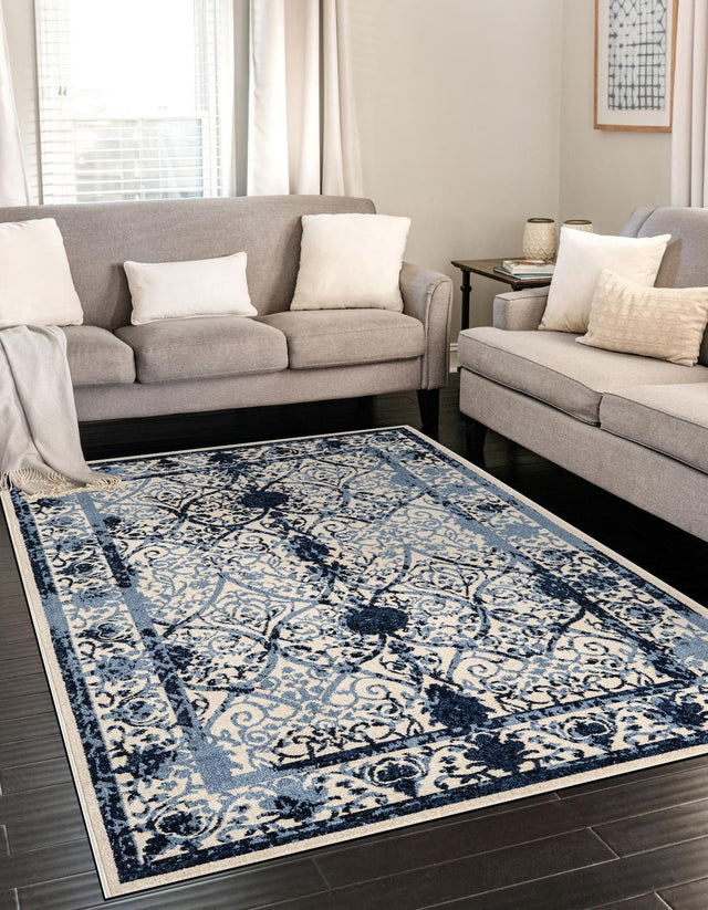 Ivory and Blue 10' 6 x 16' 5 La Jolla Rectangle Area Rug 100% Polypropylene Traditional Pattern Easy Clean Carpet for Living, Dining, Bedroom, Office for Sale at Rug Engine