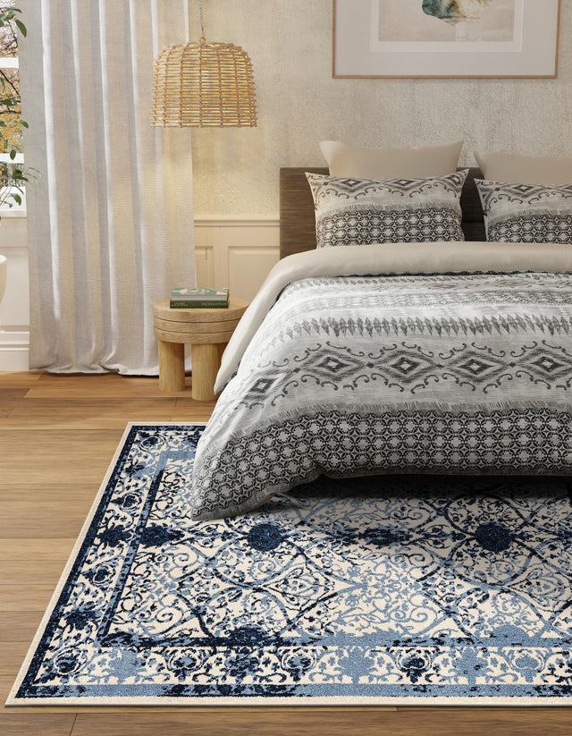 Ivory and Blue 10' x 14' 1 La Jolla Rectangle Area Rug 100% Polypropylene Traditional Pattern Easy Clean Carpet for Living, Dining, Bedroom, Office for Sale at Rug Engine