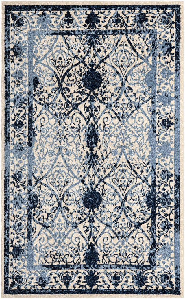 Ivory and Blue 5' 3 x 8' La Jolla Rectangle Area Rug 100% Polypropylene Traditional Pattern Easy Clean Carpet for Living, Dining, Bedroom, Office for Sale at Rug Engine