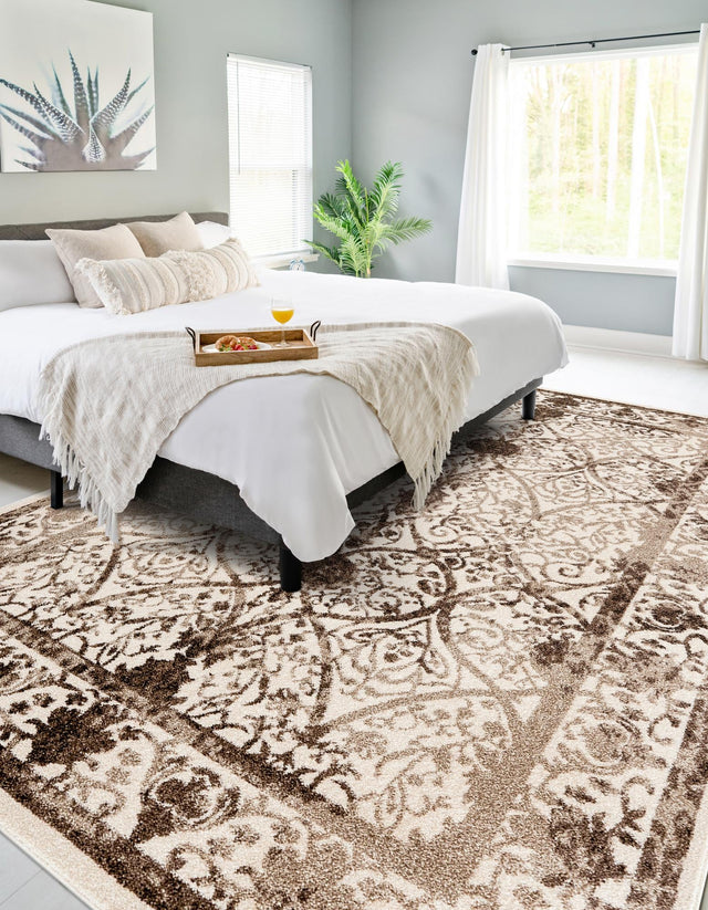 Beige 7' 10 x 11' La Jolla Rectangle Area Rug 100% Polypropylene Traditional Pattern Easy Clean Carpet for Living, Dining, Bedroom, Office for Sale at Rug Engine