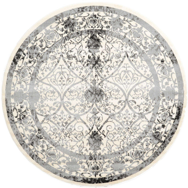 Ivory and Gray 7' 10 x 7' 10 La Jolla Round Area Rug 100% Polypropylene Traditional Pattern Easy Clean Carpet for Living, Dining, Bedroom, Office for Sale at Rug Engine