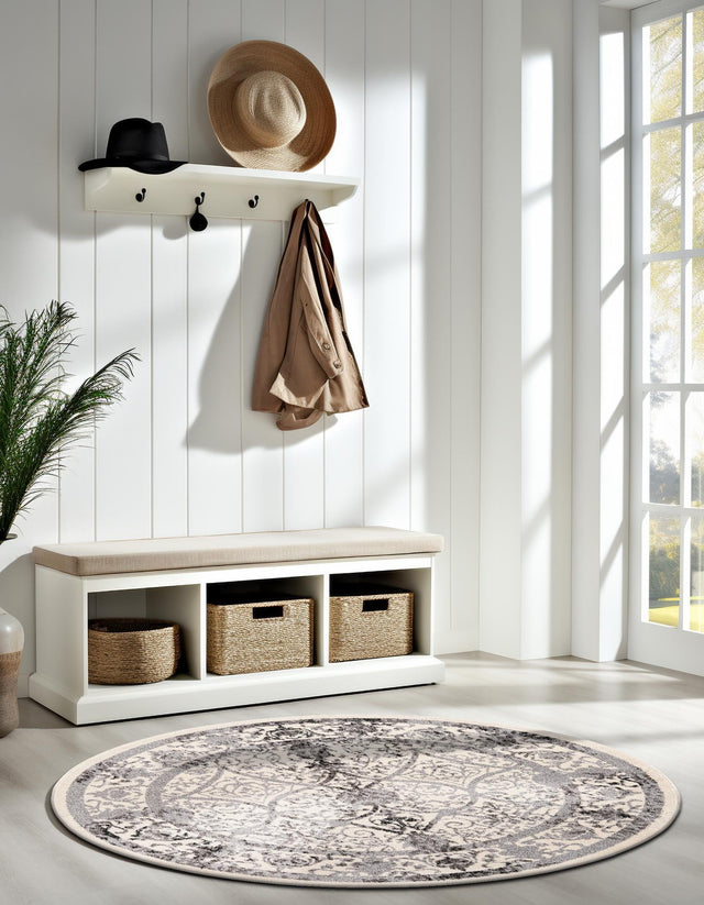 Ivory and Gray 3' 1 x 3' 1 La Jolla Round Area Rug 100% Polypropylene Traditional Pattern Easy Clean Carpet for Living, Dining, Bedroom, Office for Sale at Rug Engine