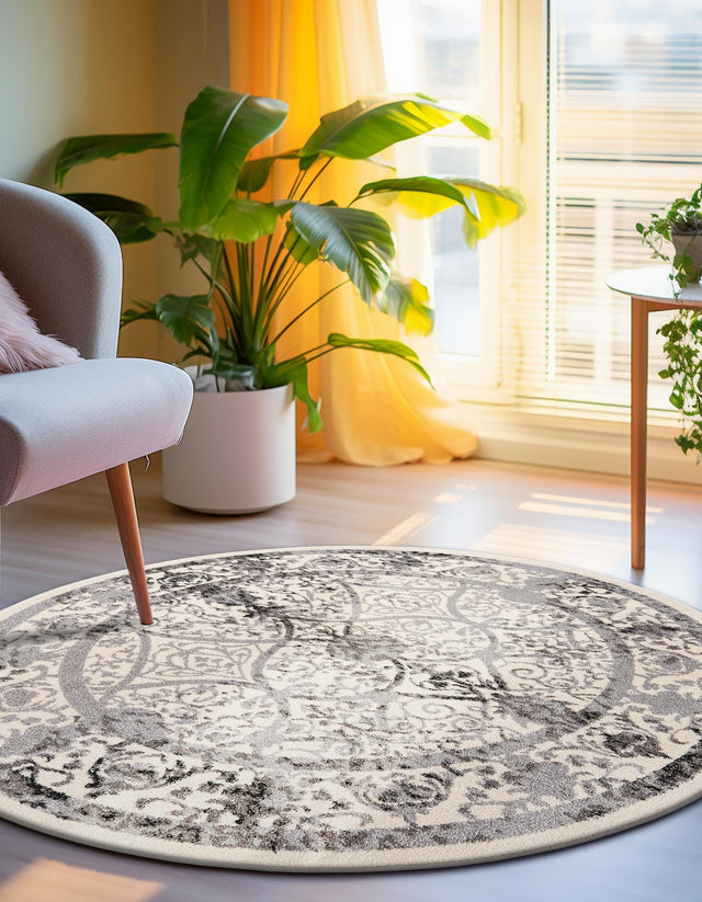 Ivory and Gray 12' 2 x 12' 2 La Jolla Round Area Rug 100% Polypropylene Traditional Pattern Easy Clean Carpet for Living, Dining, Bedroom, Office for Sale at Rug Engine