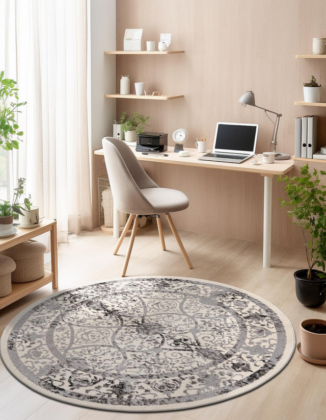 Ivory and Gray 12' 2 x 12' 2 La Jolla Round Area Rug 100% Polypropylene Traditional Pattern Easy Clean Carpet for Living, Dining, Bedroom, Office for Sale at Rug Engine