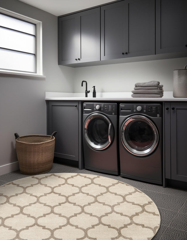 Beige and Light Brown 10' x 10' Trellis Round Area Rug