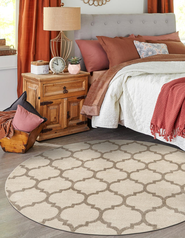 Beige and Light Brown 6' 1 x 6' 1 Trellis Round Area Rug