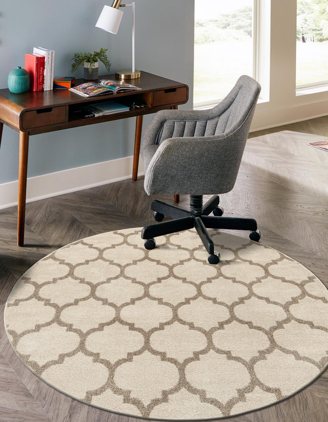 Beige and Light Brown 3' 1 x 3' 1 Trellis Round Area Rug
