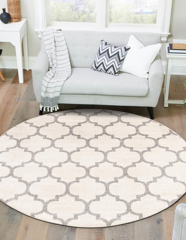 Beige and Gray 10' x 10' Trellis Round Area Rug