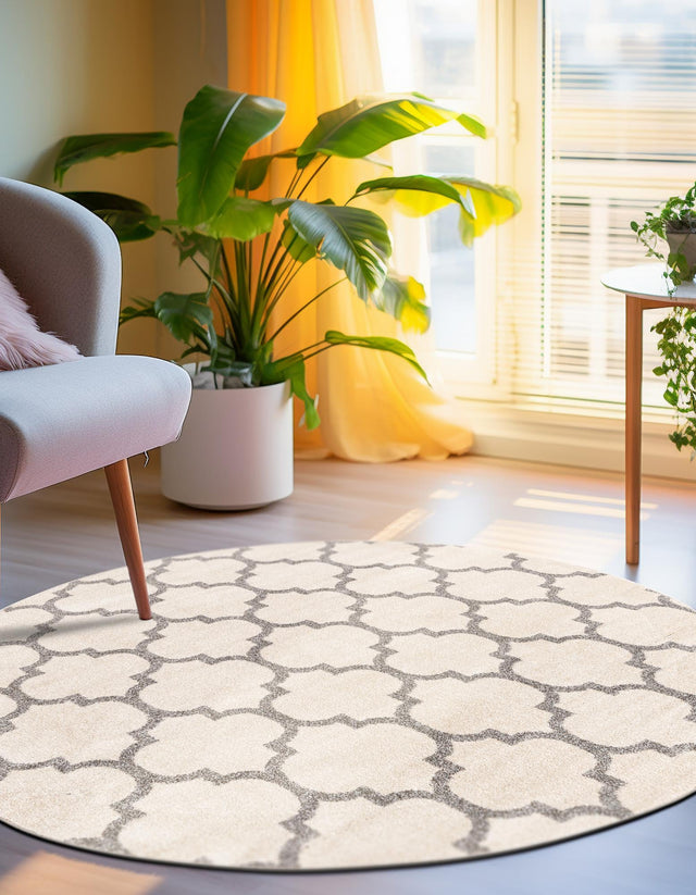 Beige and Gray 12' 2 x 12' 2 Trellis Round Area Rug