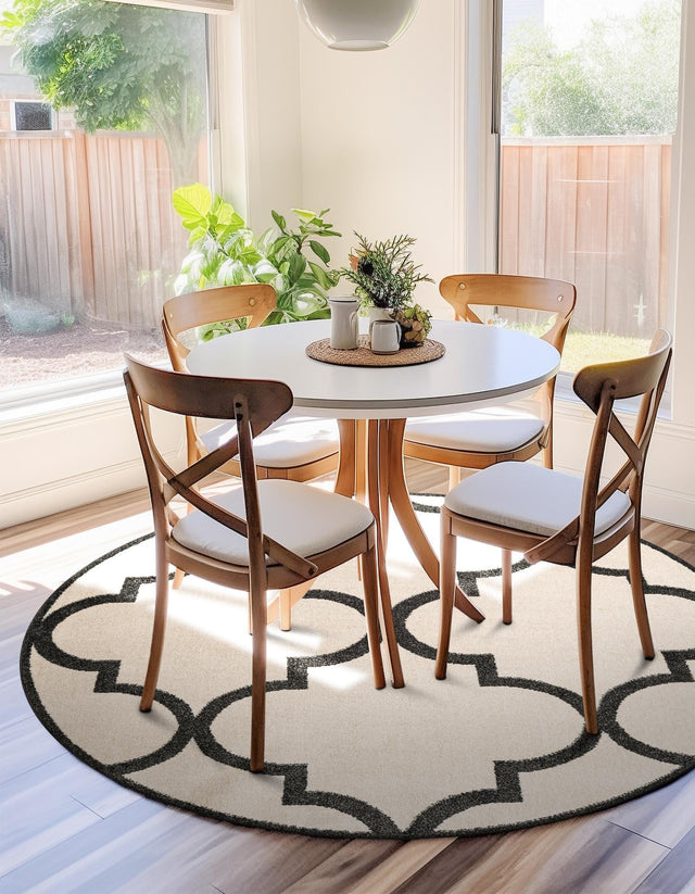 Beige and Black 3' 3 x 3' 3 Trellis Round Area Rug