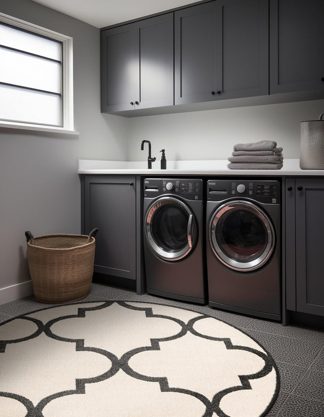 Beige and Black 3' 3 x 3' 3 Trellis Round Area Rug