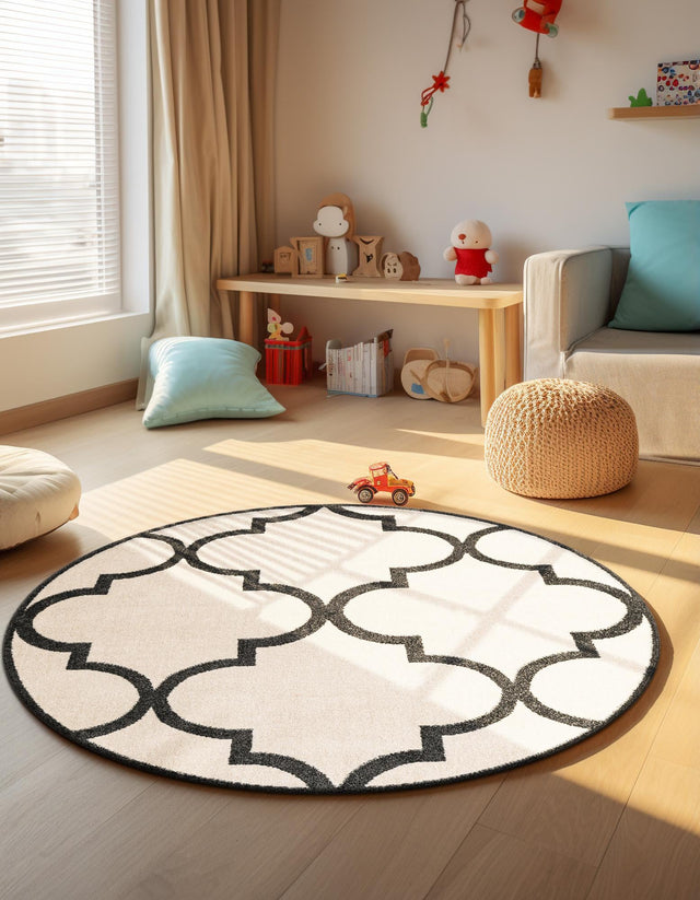 Beige and Black 3' 3 x 3' 3 Trellis Round Area Rug