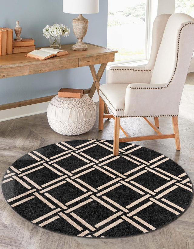 Black 8' x 8' Trellis Round Area Rug