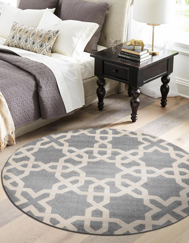 Gray 8' x 8' Trellis Round Area Rug Geometric Modern Unique Durable Easy Clean Carpet for Contemporary Interior Design for Sale at Rug Engine