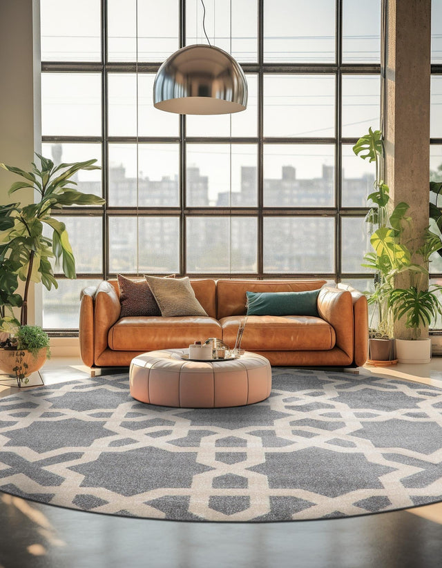 Gray 8' x 8' Trellis Round Area Rug Geometric Modern Unique Durable Easy Clean Carpet for Contemporary Interior Design for Sale at Rug Engine