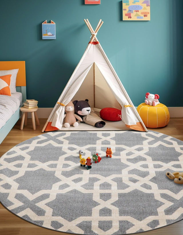 Gray 8' x 8' Trellis Round Area Rug Geometric Modern Unique Durable Easy Clean Carpet for Contemporary Interior Design for Sale at Rug Engine