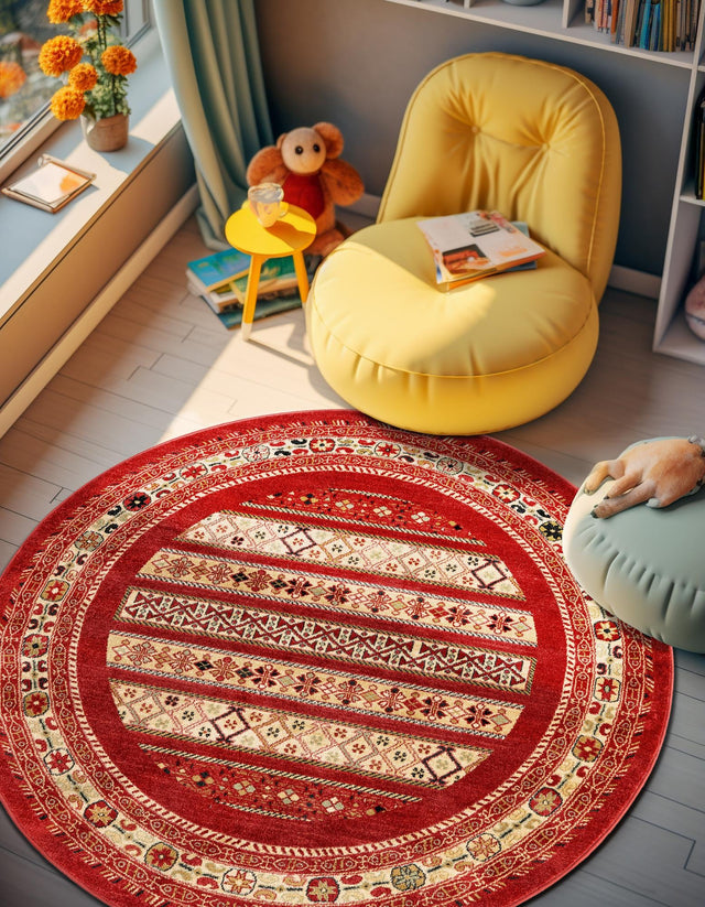 Rust Red 8' x 8' Fars Round Area Rug 100% Polypropylene Unique Traditional Carpet for Classical Living, Dining Room & Office Spaces for Sale at Rug Engine