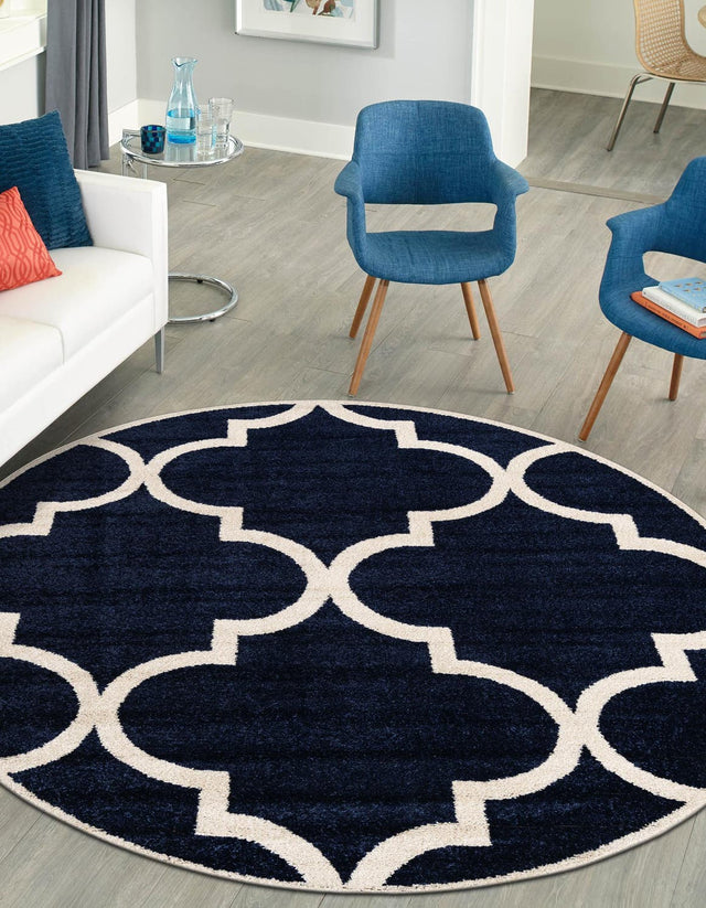 Navy Blue 7' 10 x 7' 10 Trellis Round Area Rug