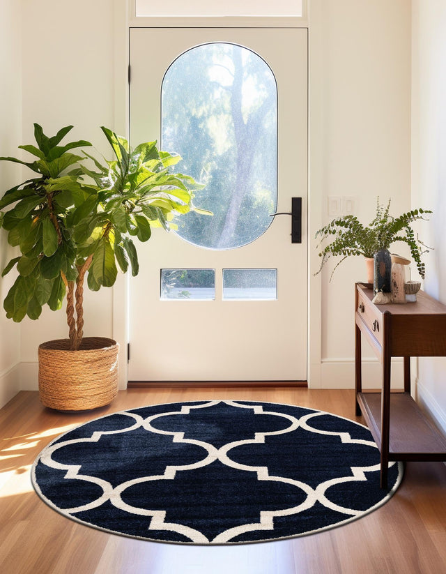 Navy Blue 6' 1 x 6' 1 Trellis Round Area Rug