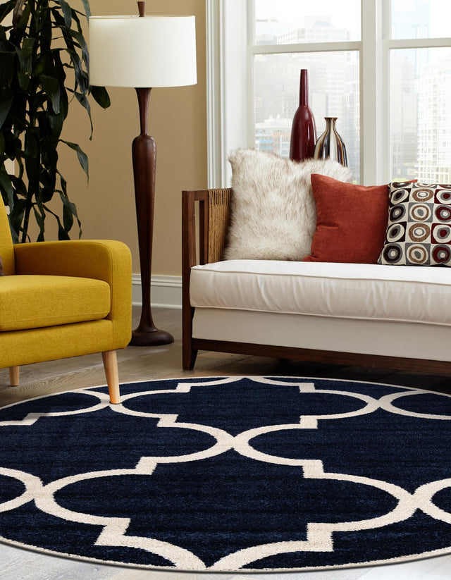 Navy Blue 7' 10 x 7' 10 Trellis Round Area Rug