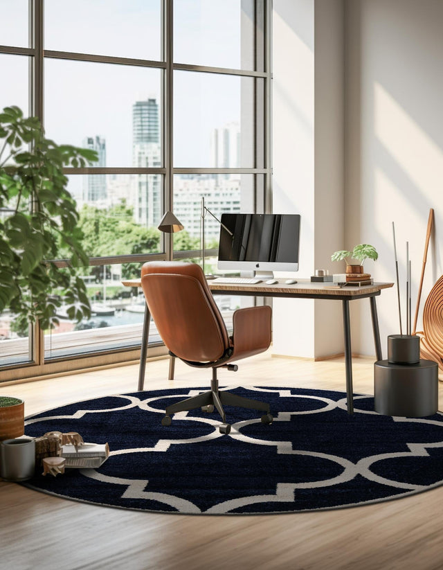 Navy Blue 7' 10 x 7' 10 Trellis Round Area Rug