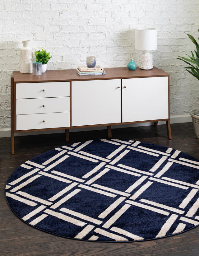Navy Blue 3' 3 x 3' 3 Trellis Round Area Rug